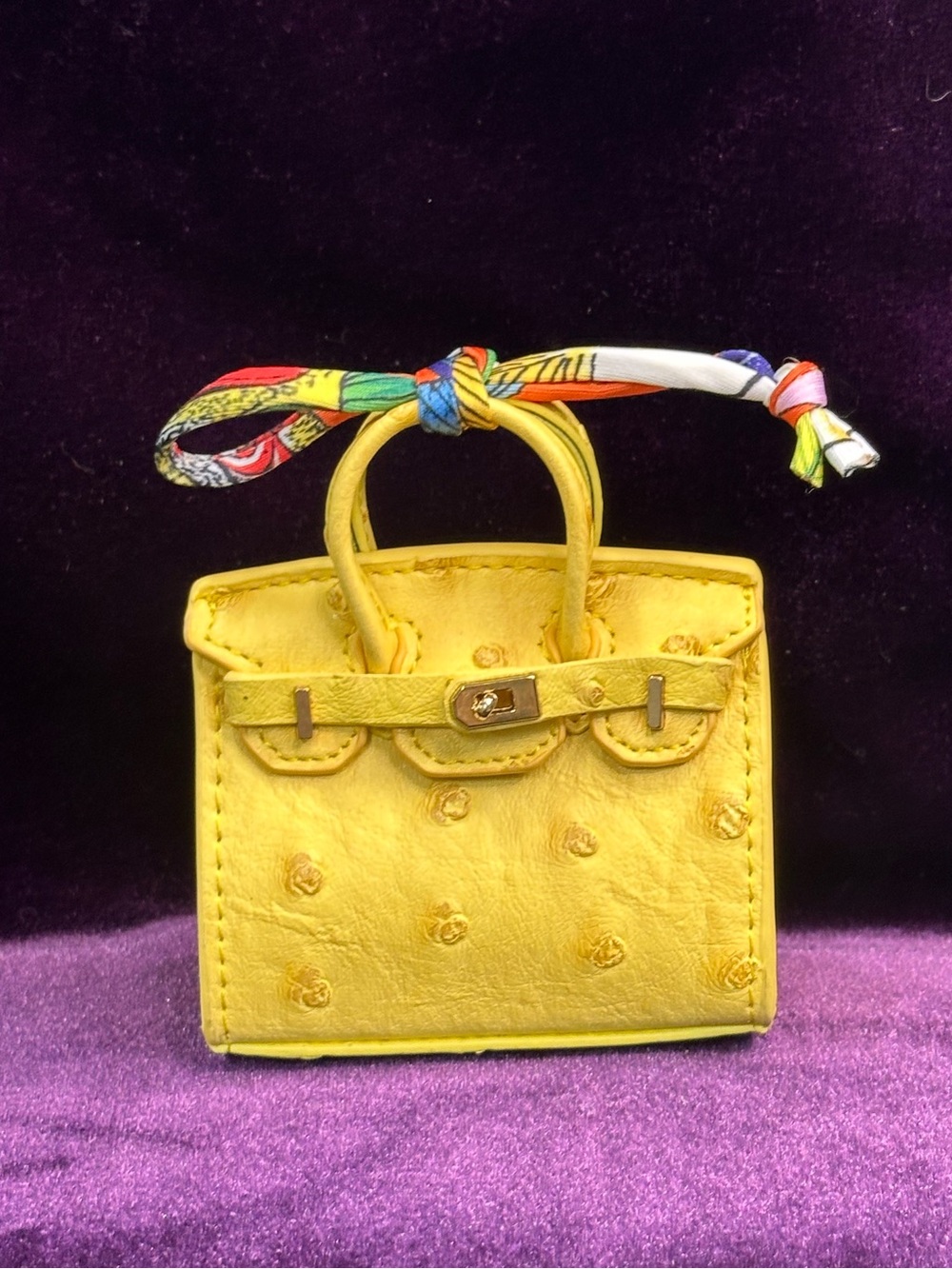 Yellow textured mini bag charm with silk scarf handle 🐥